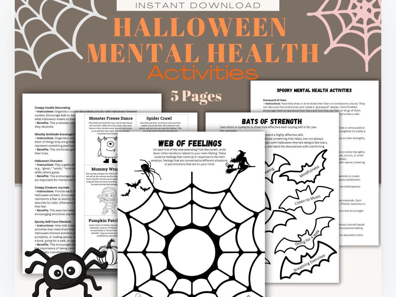 Halloween Mental Health Activity Pack: Kids Feelings Worksheets Fun Halloween Activities for Children