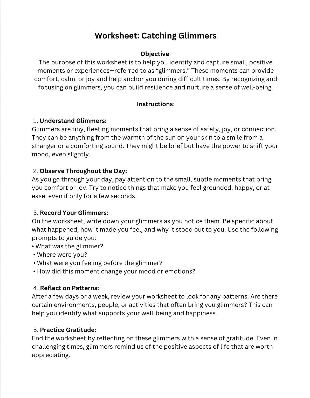 Emotional Regulation Worksheet: Catching Glimmers and Triggers (Printable PDF)