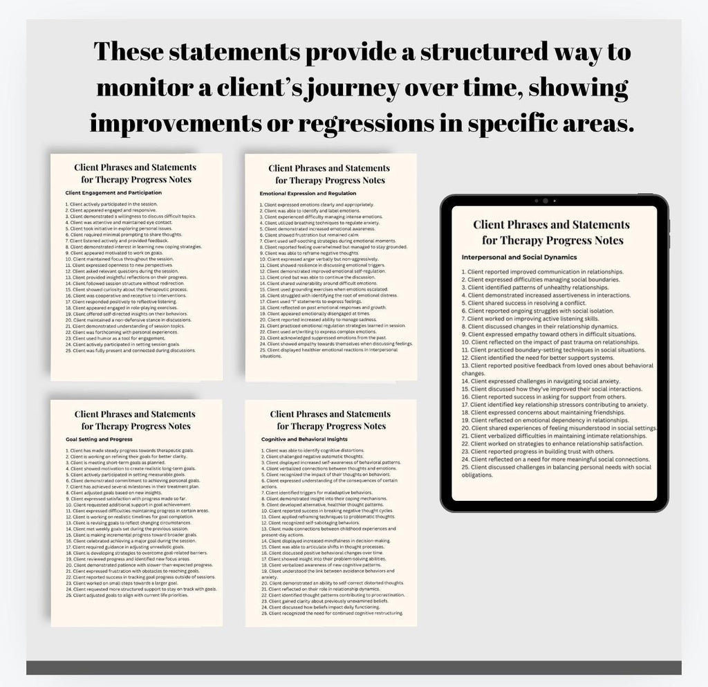 Therapy Progress Notes, Phrases & Statements (PDF Download)