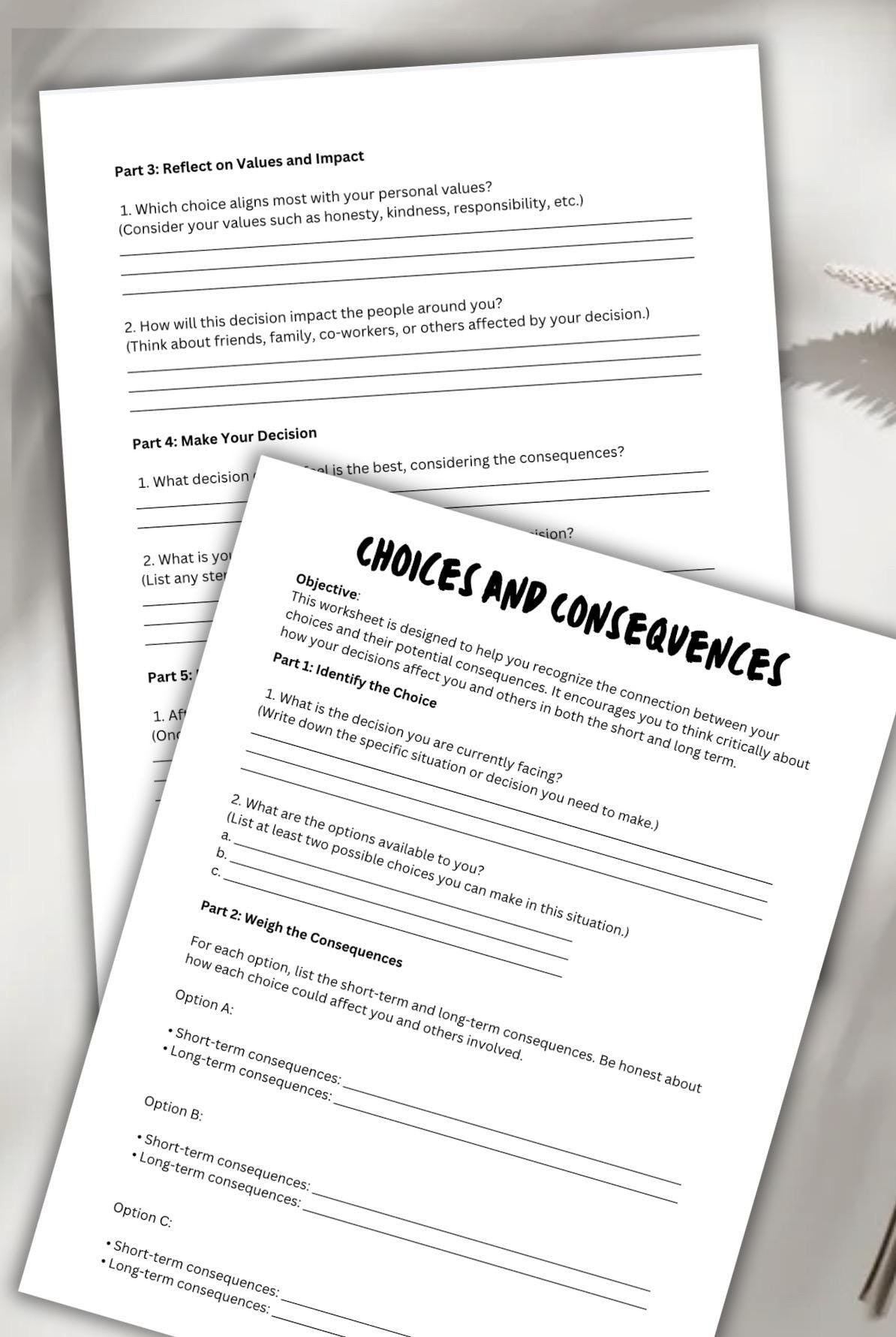 Choices and Consequences Worksheet: Therapy & Decision-Making (PDF)