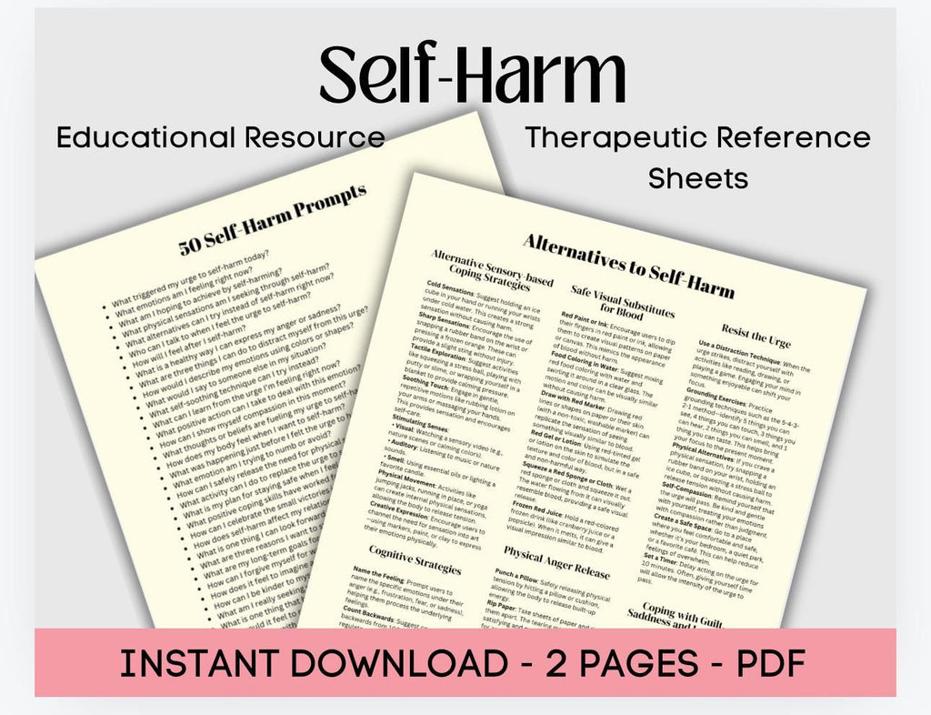 Self-Harm Alternatives Worksheet: 50 Journal Prompts (Therapist Tool)