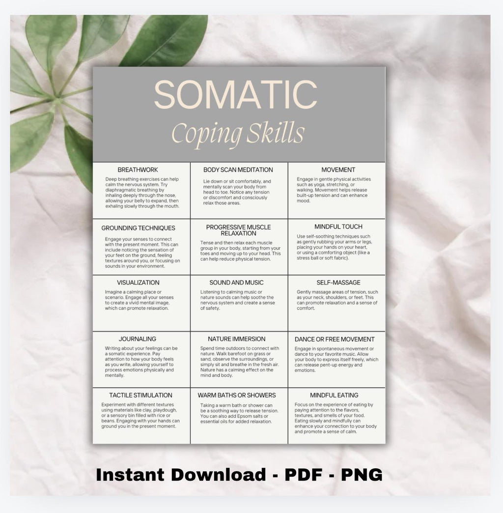 Somatic Therapy Coping Skills Chart: Emotional Regulation (PDF, PNG)