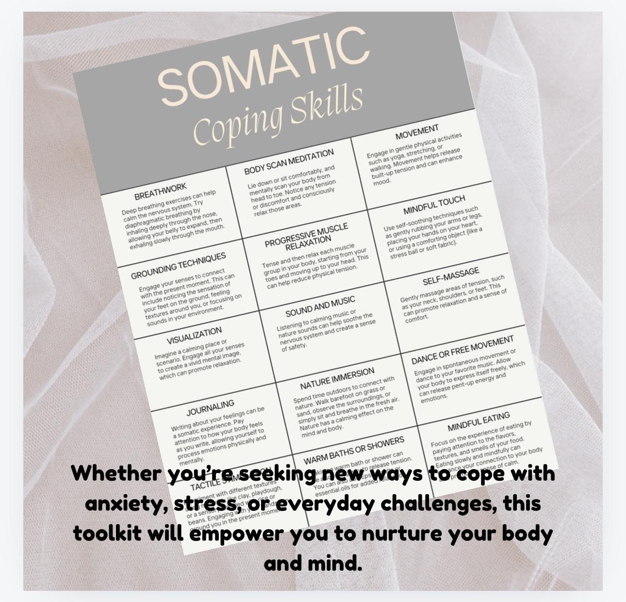 Somatic Therapy Coping Skills Chart: Emotional Regulation (PDF, PNG)