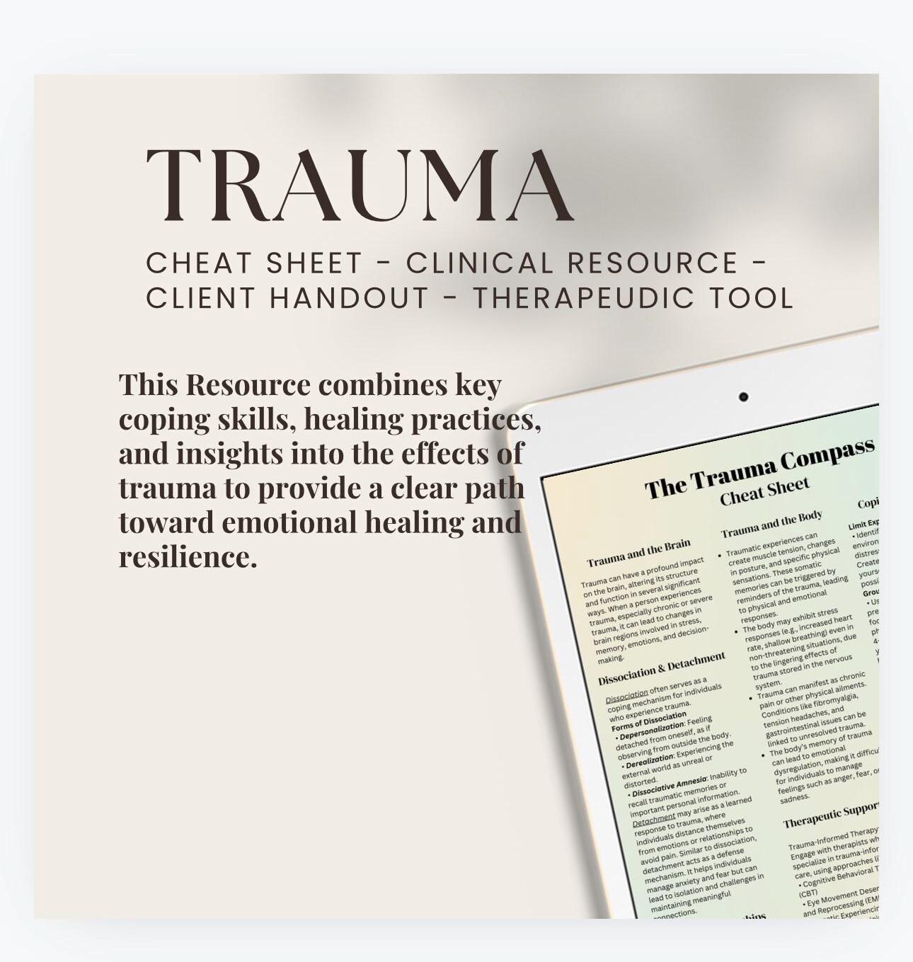 Trauma Cheat Sheet | PTSD Recovery, Therapist Aid (Digital Download)