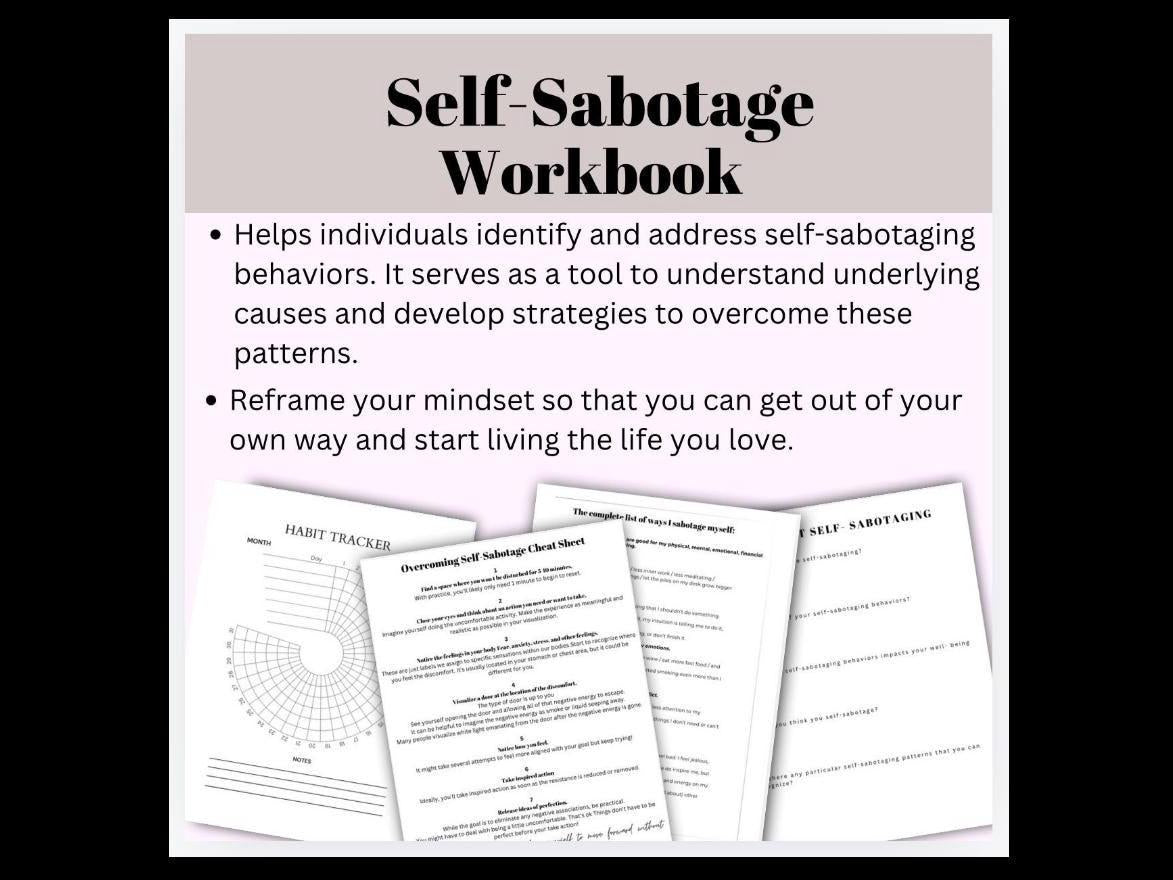 Self-Sabotage Workbook: Mindfulness, Negative Thoughts (Printable PDF)