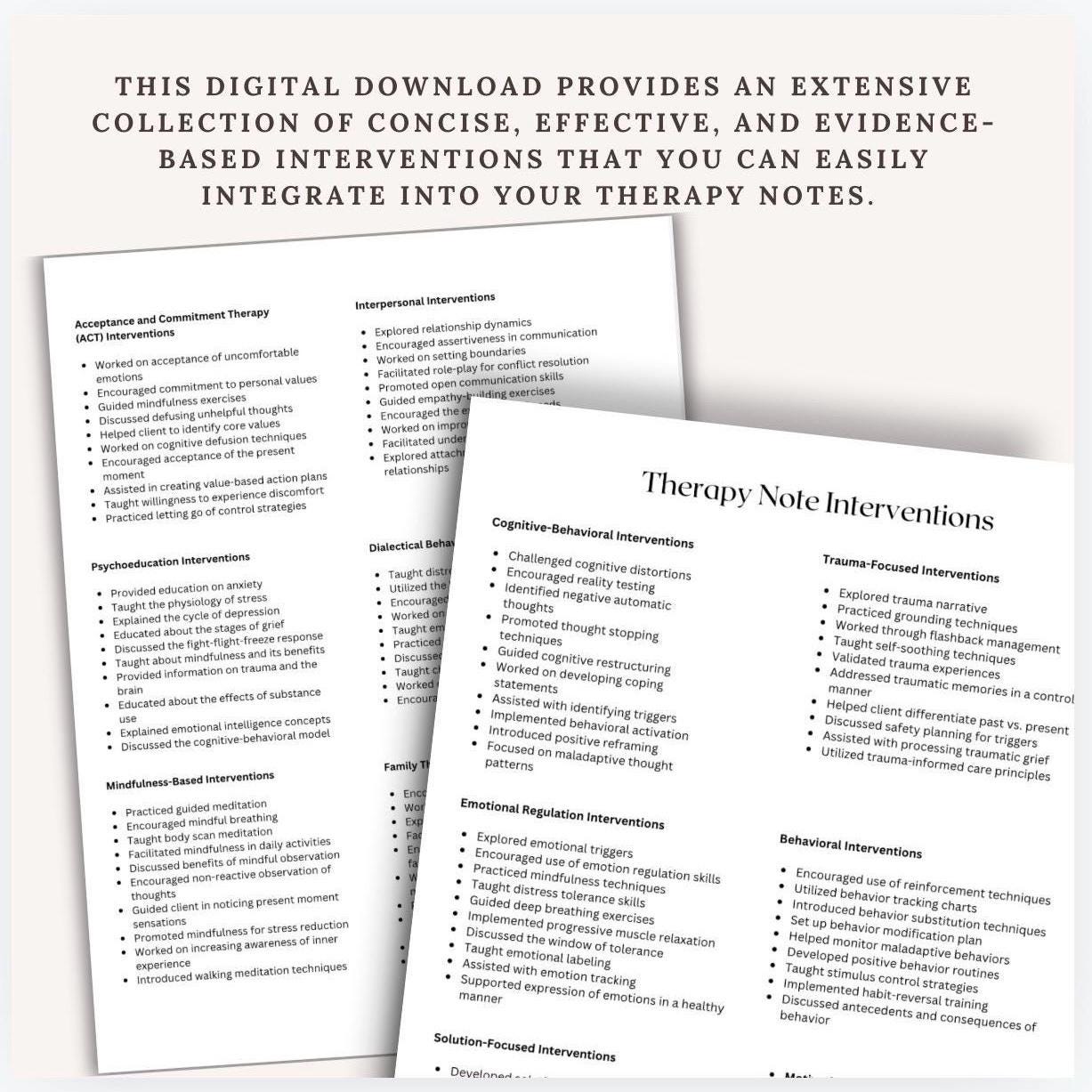 Therapy Interventions Cheat Sheets: Progress Notes, Clinical Guide (Digital Download)