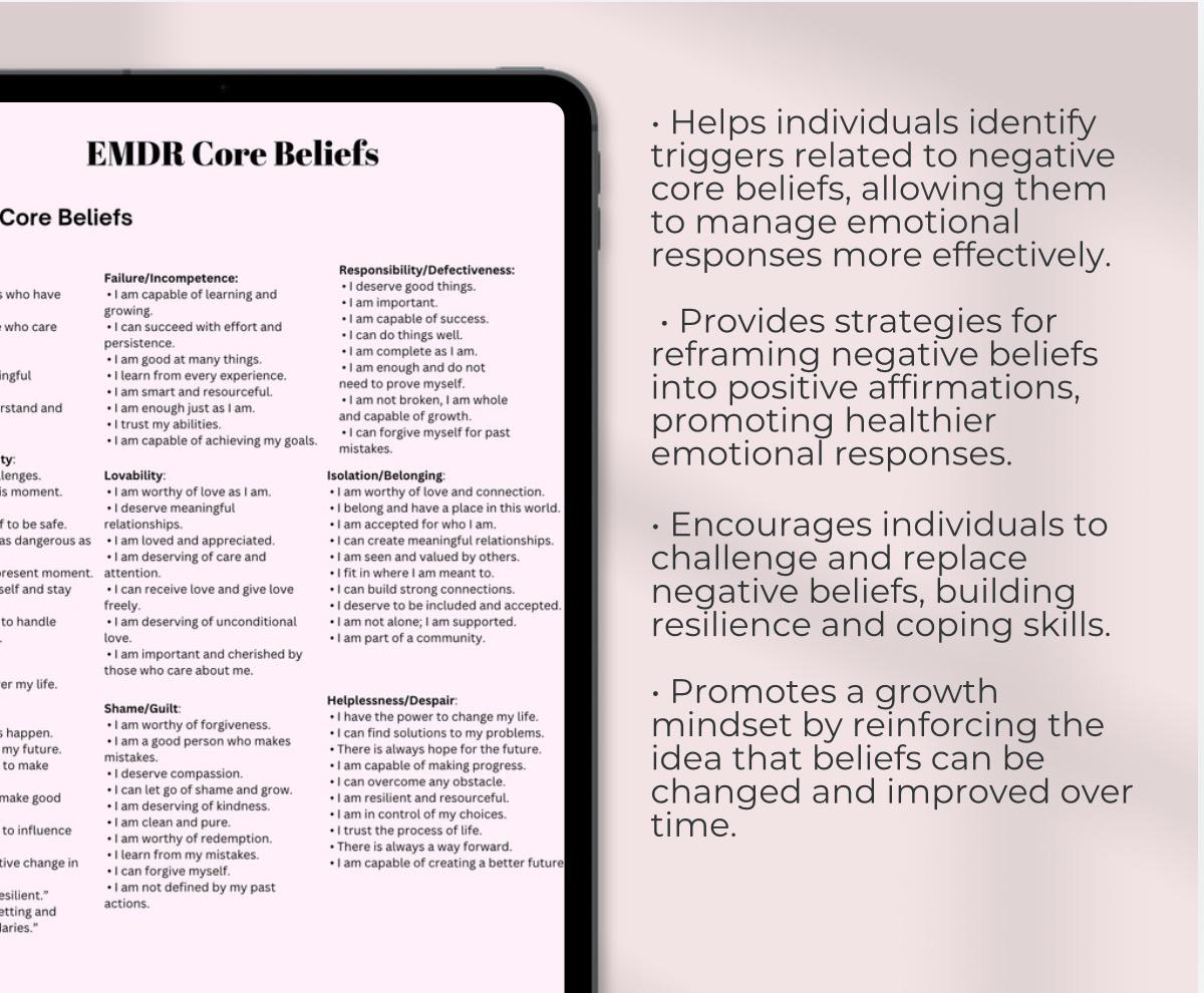 EMDR Core Beliefs Eye Movement Desensitization and Reprocessing Negative and Positive Thoughts Cheat Sheet for Core Beliefs Phases of EDMR