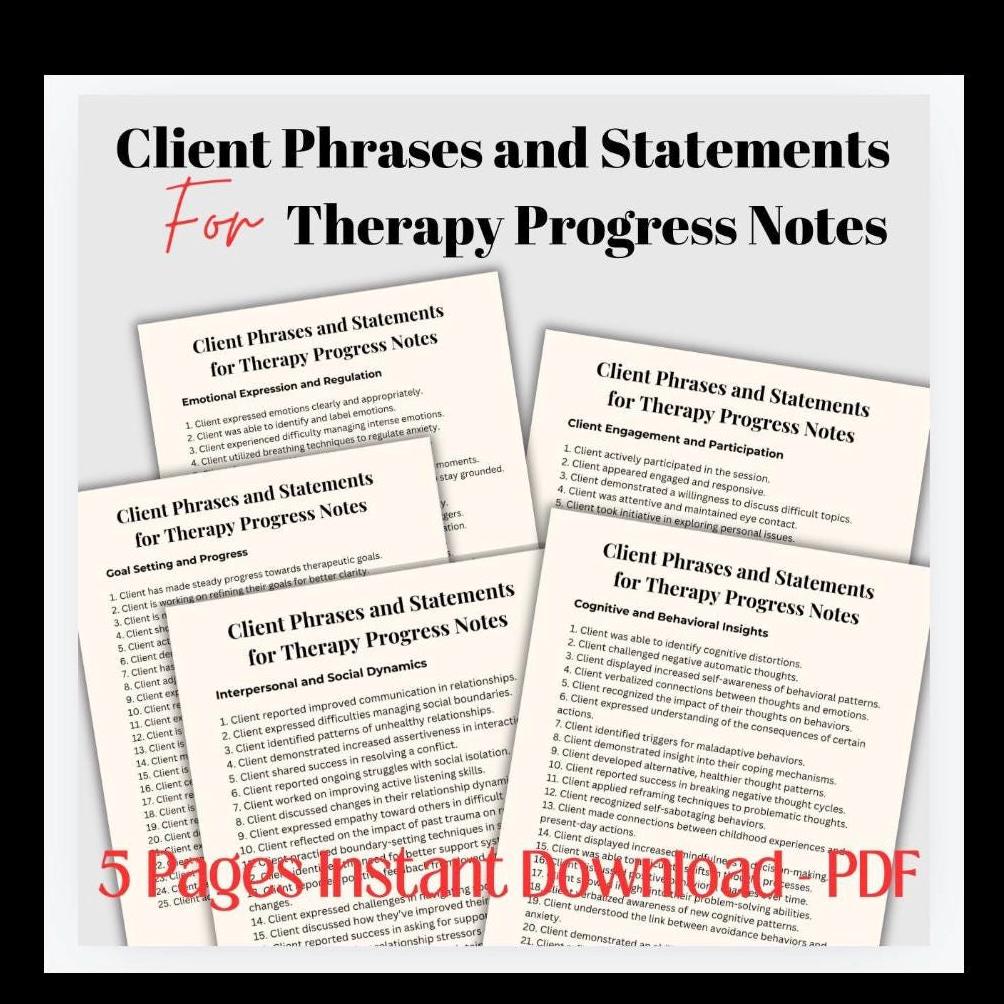 Therapy Progress Notes, Phrases & Statements (PDF Download)