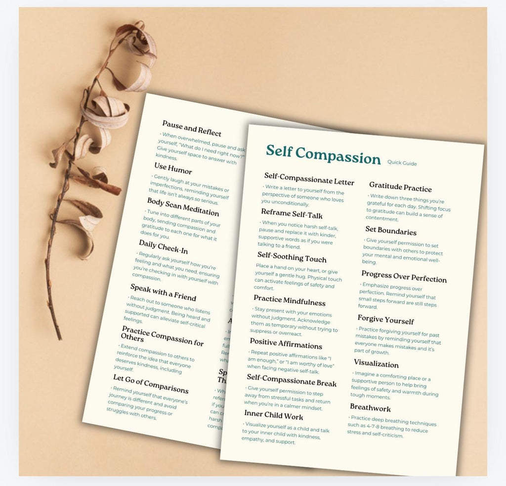 Self Compassion Cheat Sheet Mindfulness & Self-Care Strategies Printable Therapy Tool Coping Skills Resource