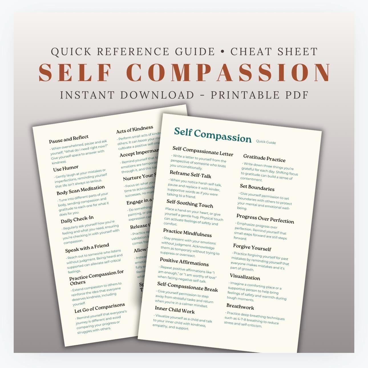 Self Compassion Cheat Sheet Mindfulness & Self-Care Strategies Printable Therapy Tool Coping Skills Resource