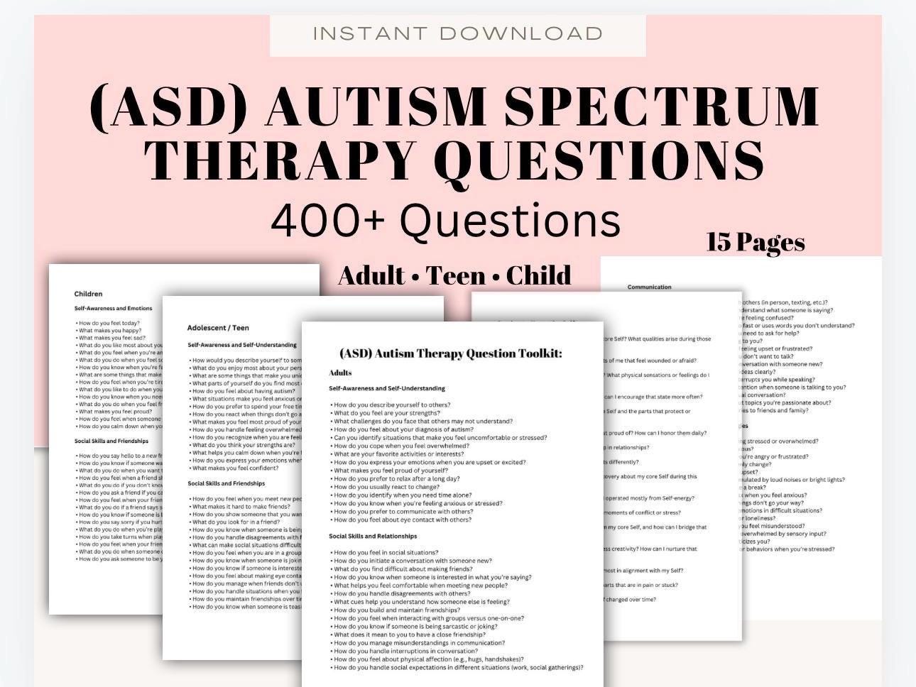 Autism Spectrum Therapy Questions Toolkit for Adults, Teens, Children (PDF Download)