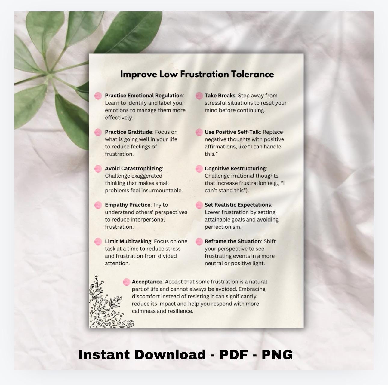 Resolve Frustration Tolerance Building Patience Therapy Handout daily Reminder Healthy Practices