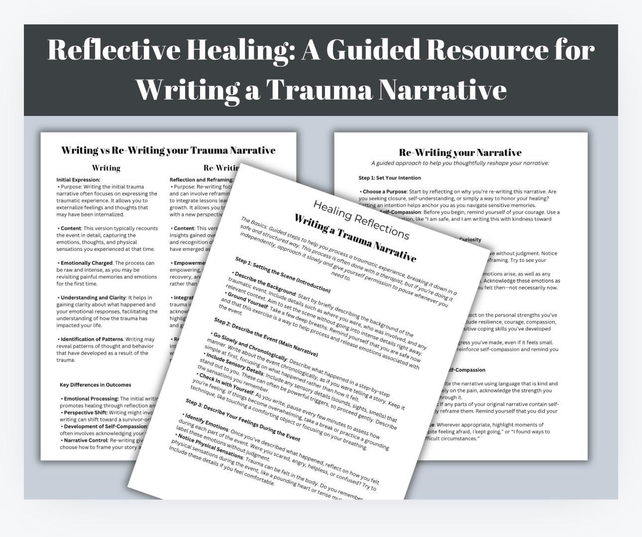 Writing a Trauma Narrative Therapy Guide, Self Reflection Workbook (PDF Download)