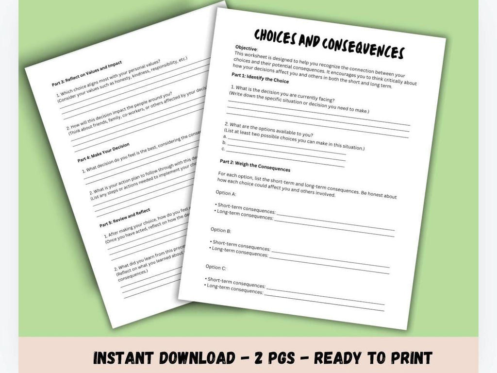 Choices and Consequences Worksheet: Therapy & Decision-Making (PDF)