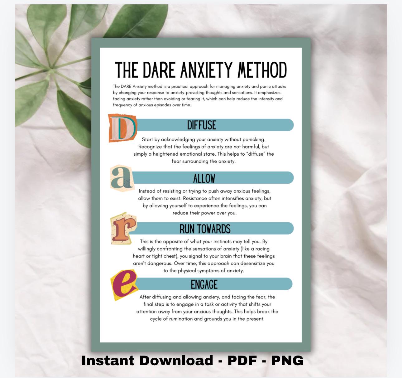 DARE Anxiety Method Handout | Coping Skills, Emotional Regulation (PDF, PNG)