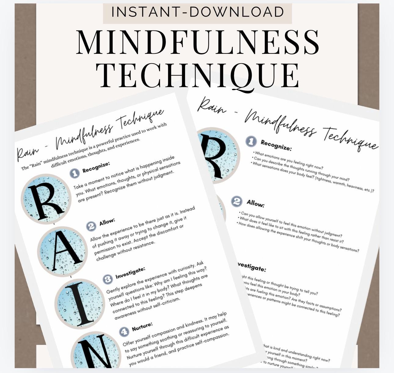 RAIN Mindfulness Technique Guided Worksheet Manage Emotions Self Compassion Challenging Moments