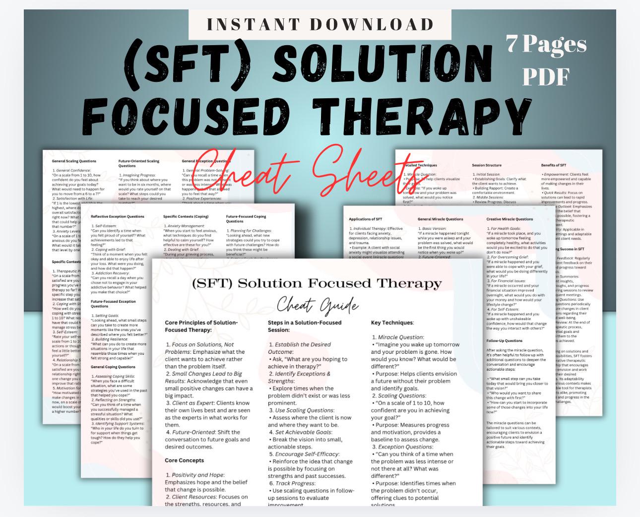 Solution Focused Therapy Cheat Sheets, SFT Toolkit (Digital Download)