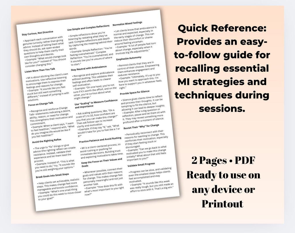 Motivational Interviewing Cheat Sheet | MI Therapy Reference (Tip Sheets)