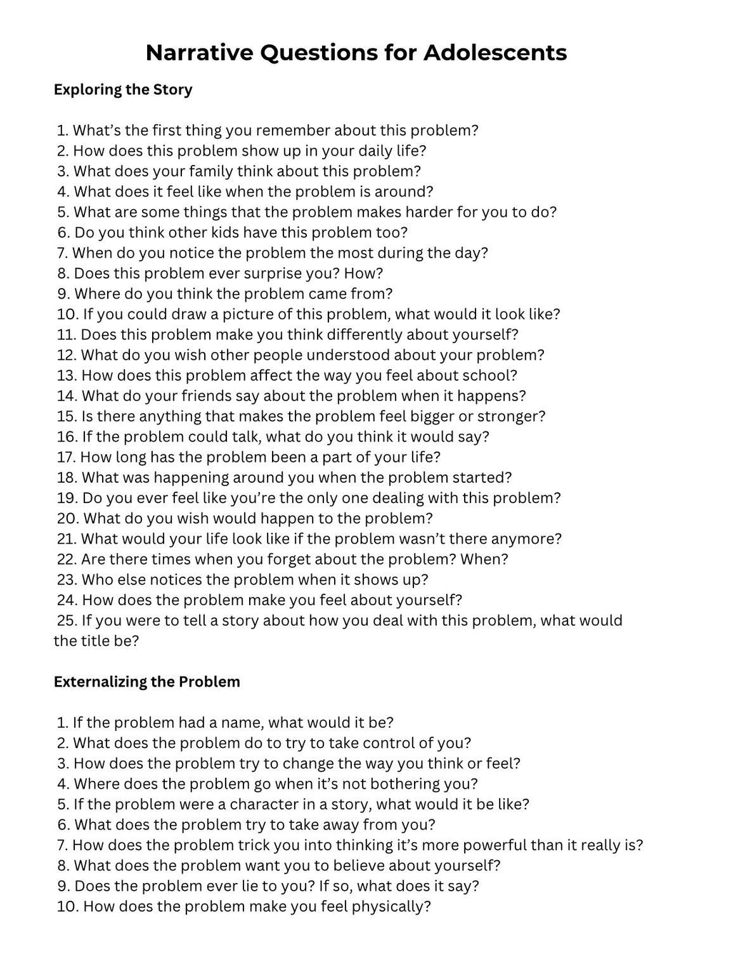 Narrative Therapy Questions for Teens & Children (PDF Download)