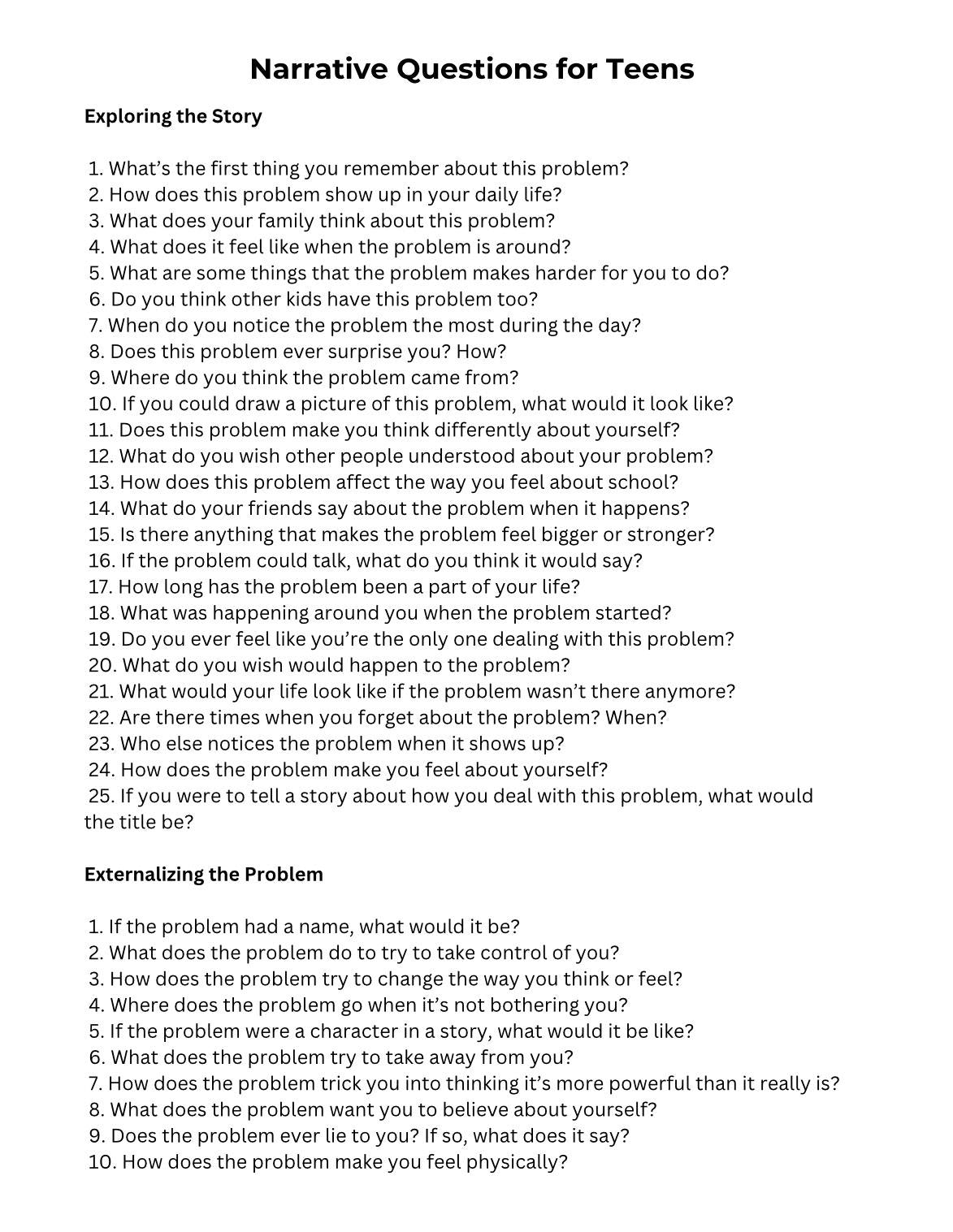 Narrative Therapy Questions for Teens & Children (PDF Download)