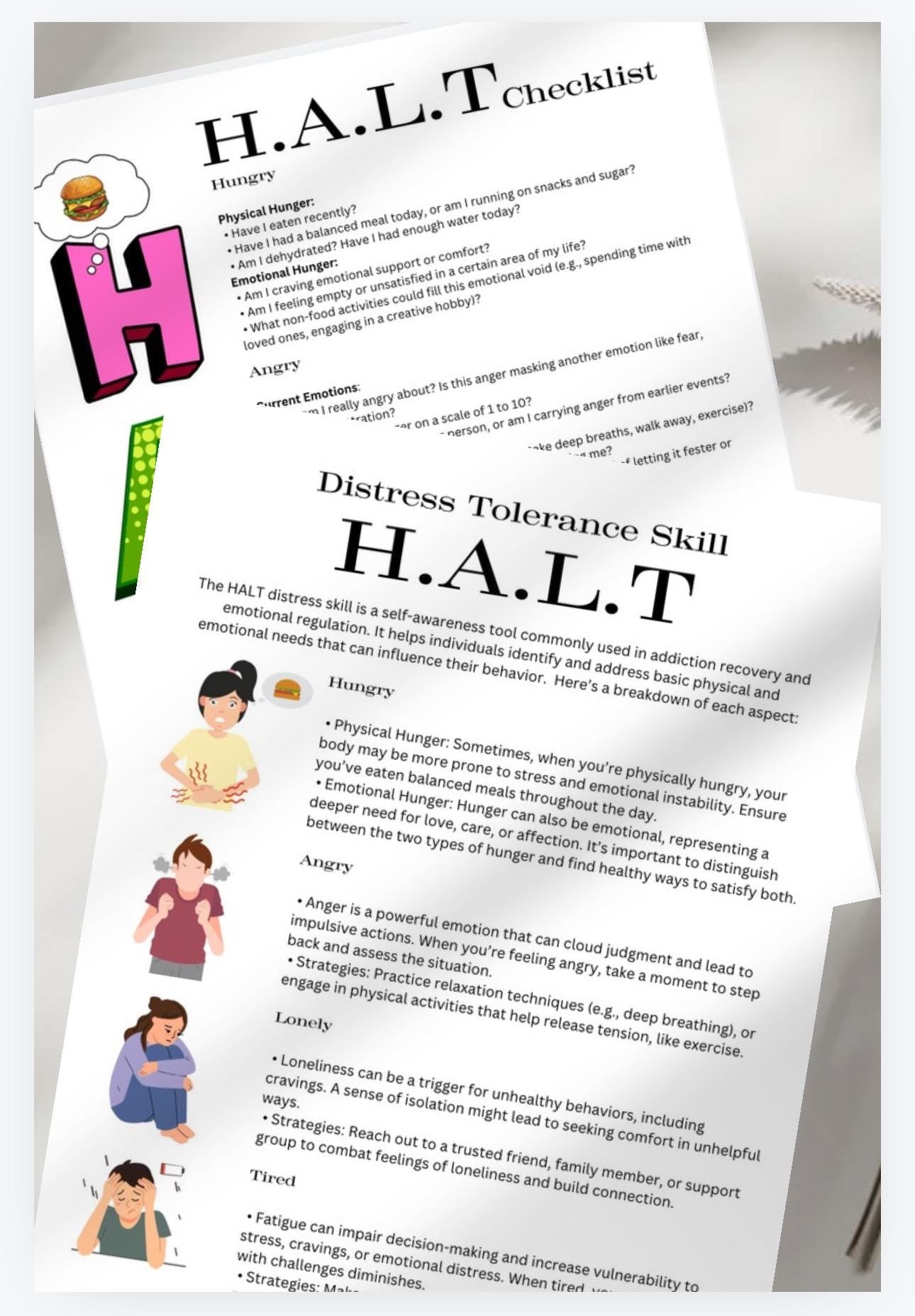 HALT Distress Tolerance Worksheet, Therapy Tool (Printable PDF)