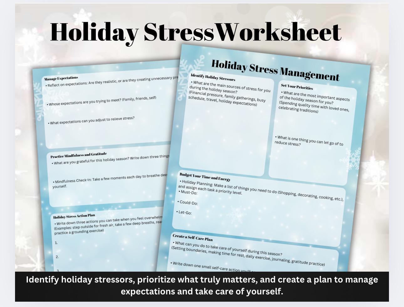 Holiday Stress Management Worksheet, Self-Care Action Plan (Printable PDF)