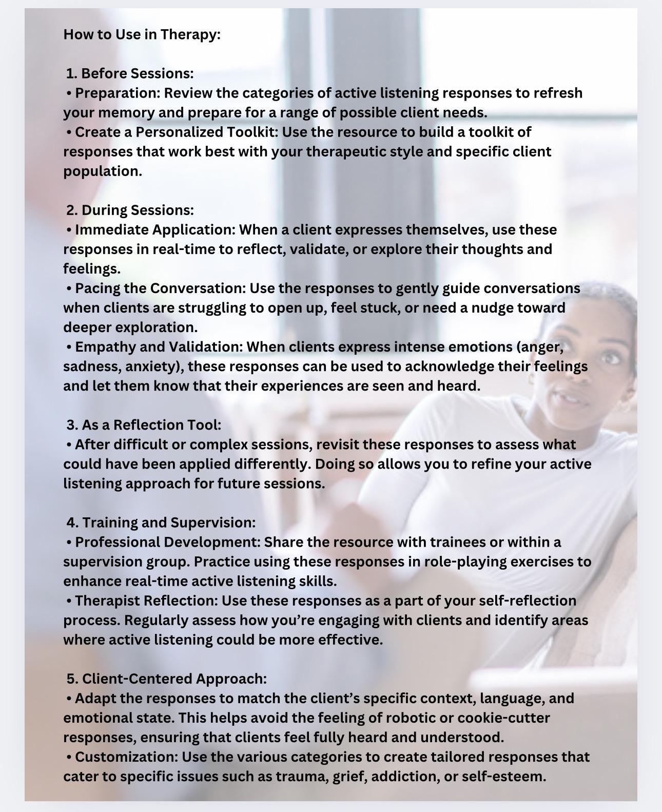 Active Listening Responses for Therapists: Communication Toolkit (Digital Download)