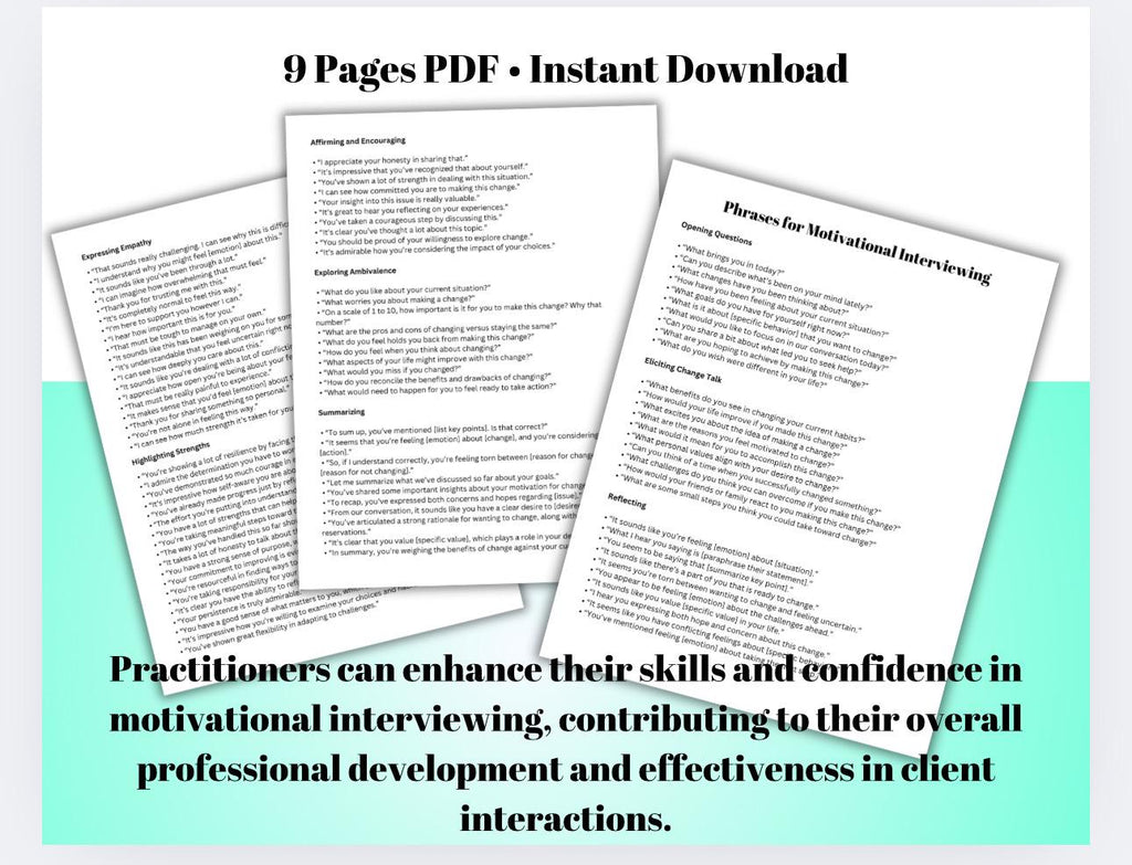 Motivational Interviewing Cheat Sheets, Therapist MI Guide (PDF)