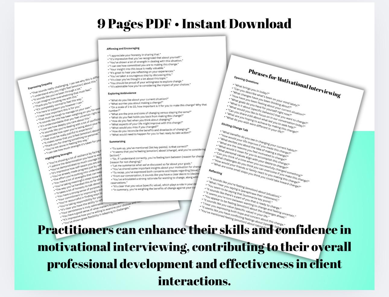 Motivational Interviewing Cheat Sheets, Therapist MI Guide (PDF)