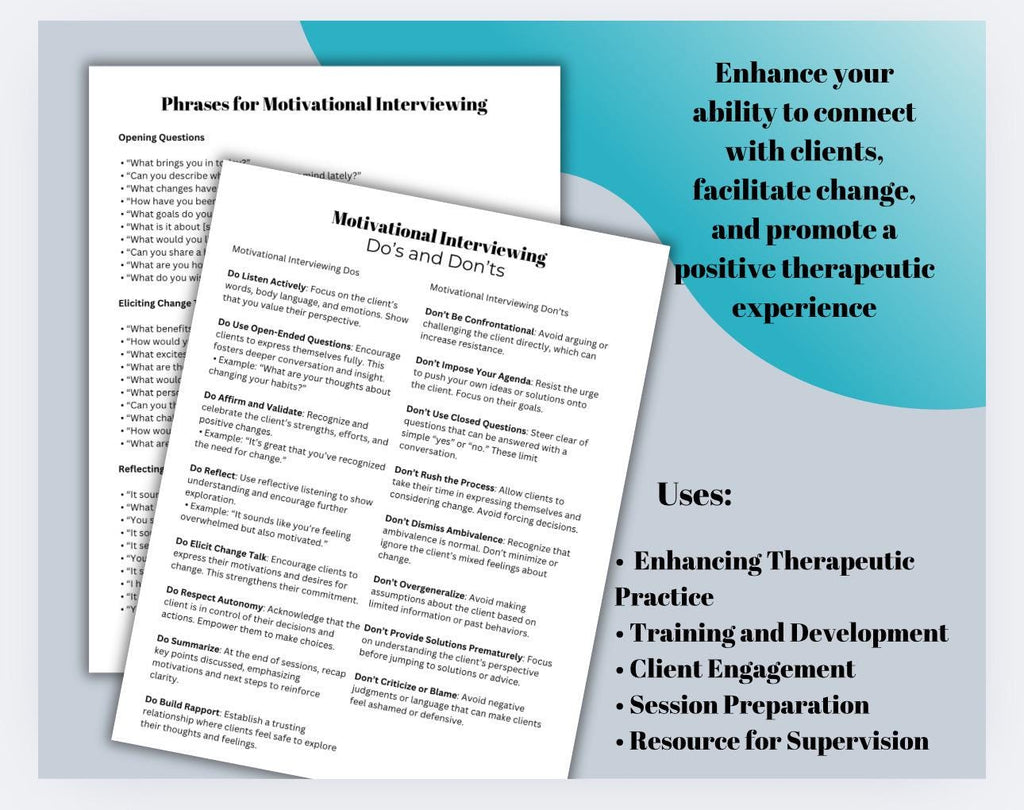 Motivational Interviewing Cheat Sheets, Therapist MI Guide (PDF)