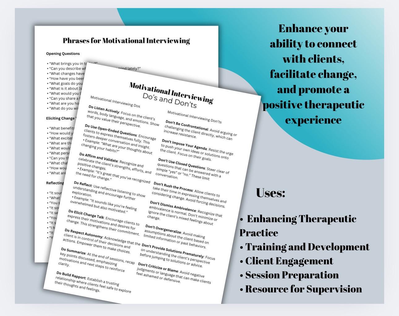 Motivational Interviewing Cheat Sheets, Therapist MI Guide (PDF)