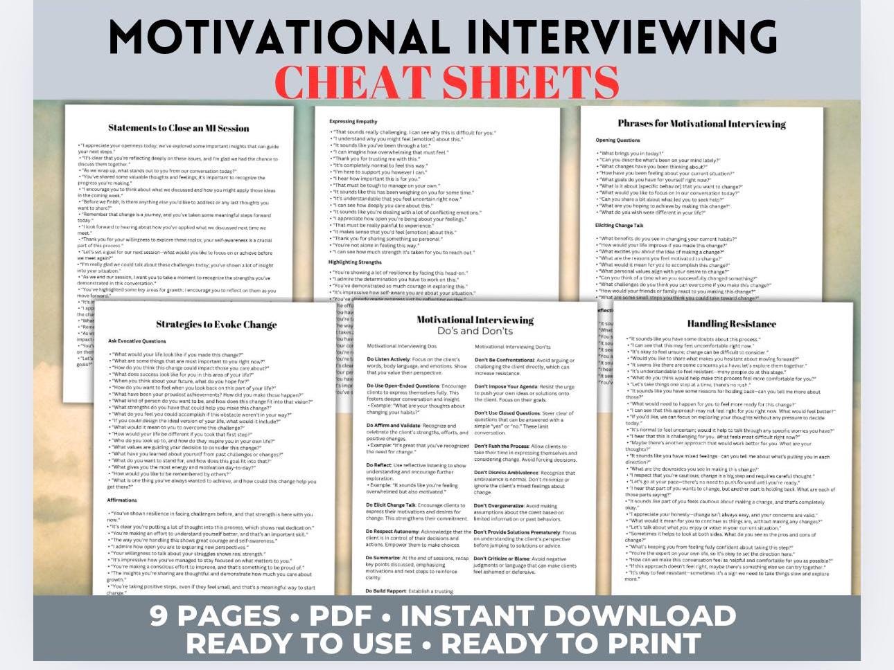 Motivational Interviewing Cheat Sheets, Therapist MI Guide (PDF)