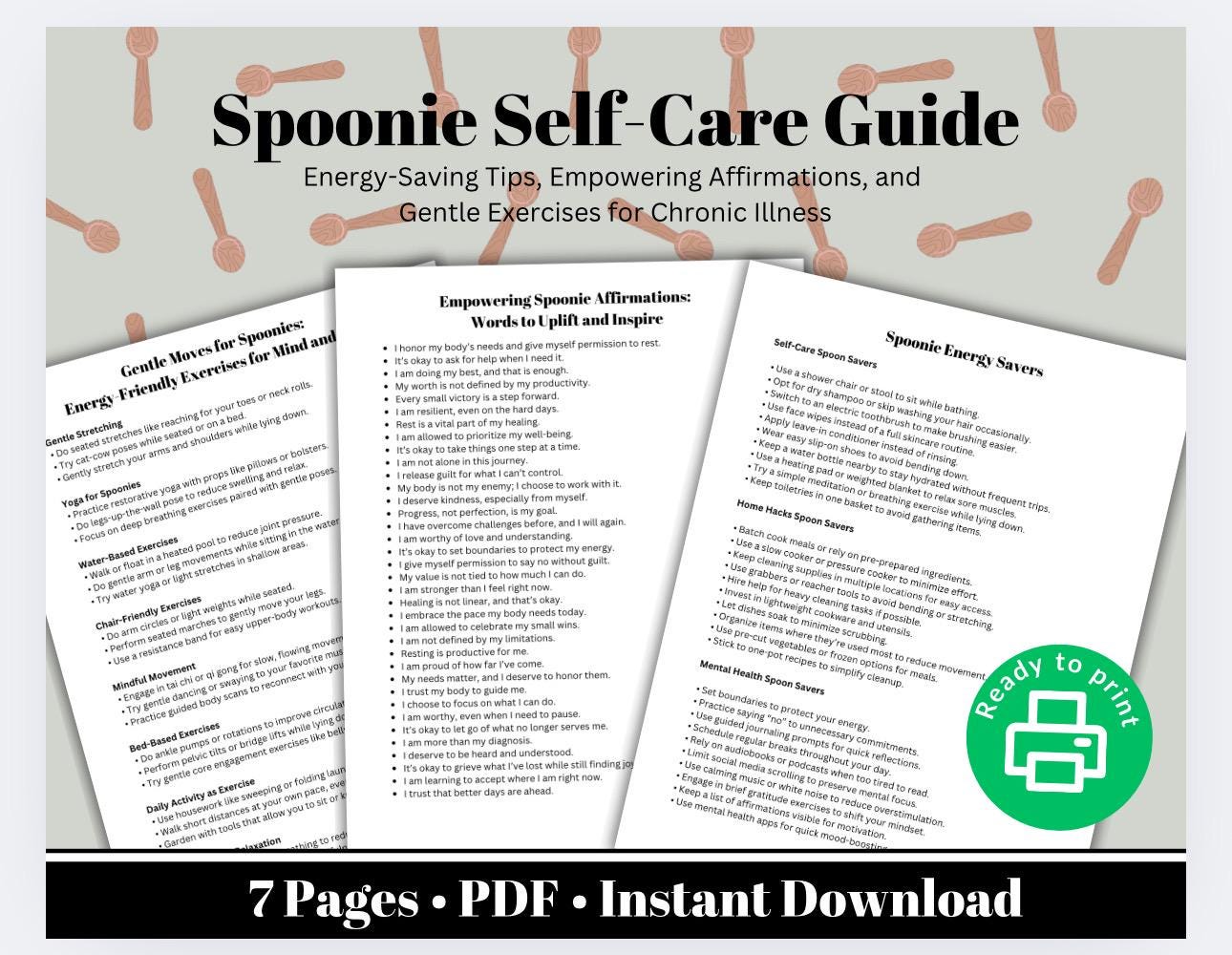 Spoonie Self-Care Toolkit | Chronic Illness Affirmations + Exercises (PDF)