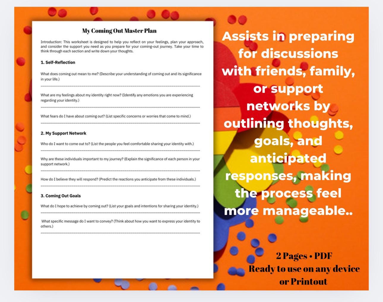 Coming Out Master Plan Worksheet: LGBTQ+ Identity, Self-Reflection (Digital Download)