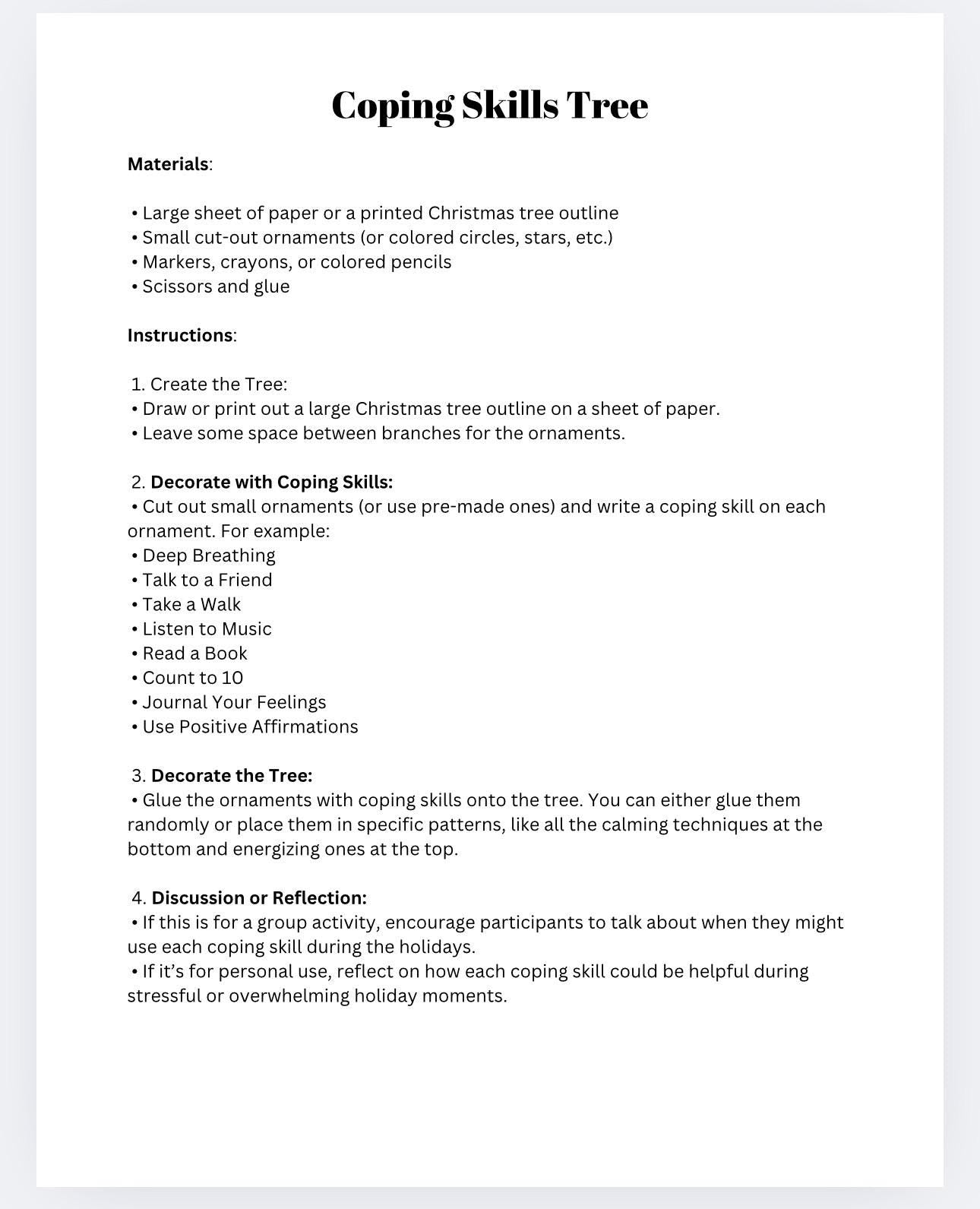 Christmas Coping Skills Tree Activity: Mental Health Worksheet (Digital Download)