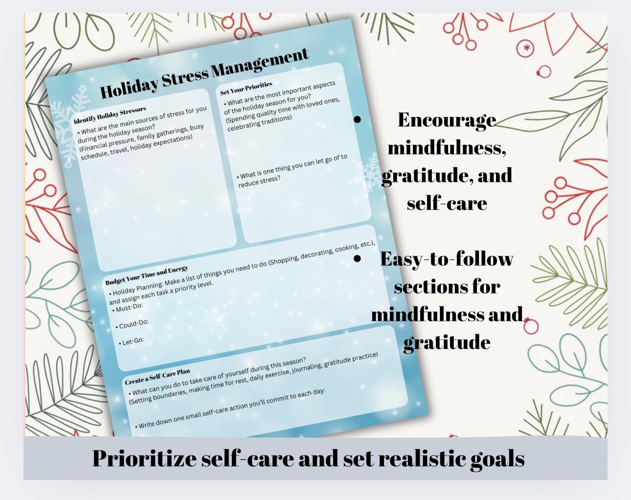 Holiday Stress Management Worksheet, Self-Care Action Plan (Printable PDF)