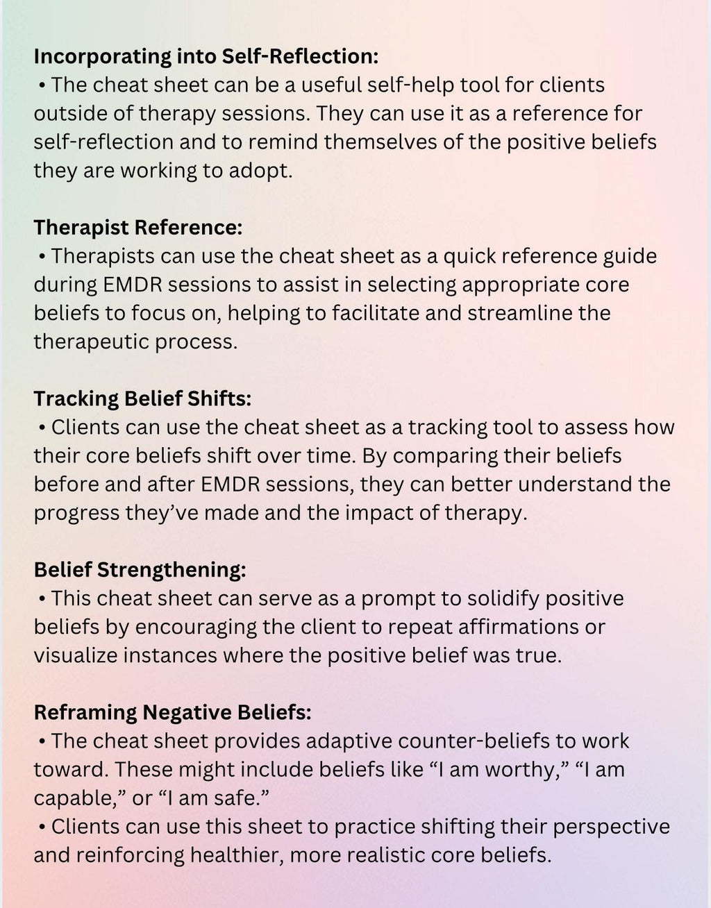 EMDR Core Beliefs Eye Movement Desensitization and Reprocessing Negative and Positive Thoughts Cheat Sheet for Core Beliefs Phases of EDMR