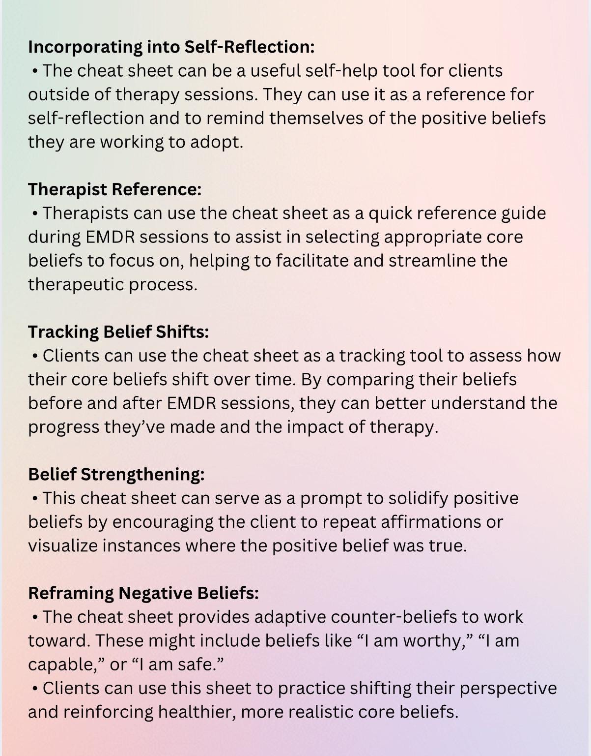 EMDR Core Beliefs Eye Movement Desensitization and Reprocessing Negative and Positive Thoughts Cheat Sheet for Core Beliefs Phases of EDMR