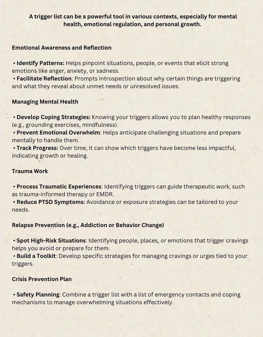 Mental Health Trigger List, Deep Reflection Tool (Digital Download)