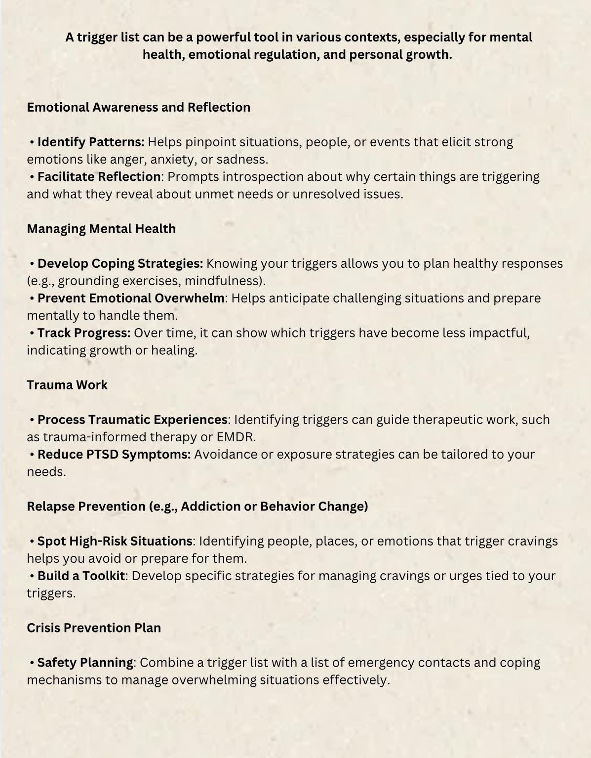 Mental Health Trigger List, Deep Reflection Tool (Digital Download)