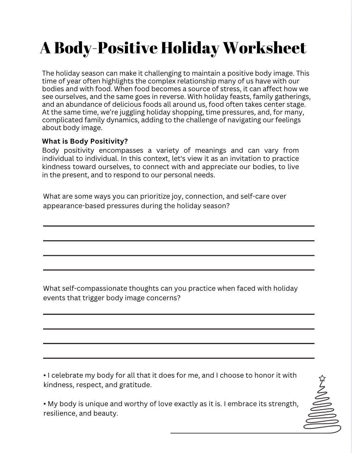 Body Positive Holiday Worksheets: Self-Care Journal (PDF)