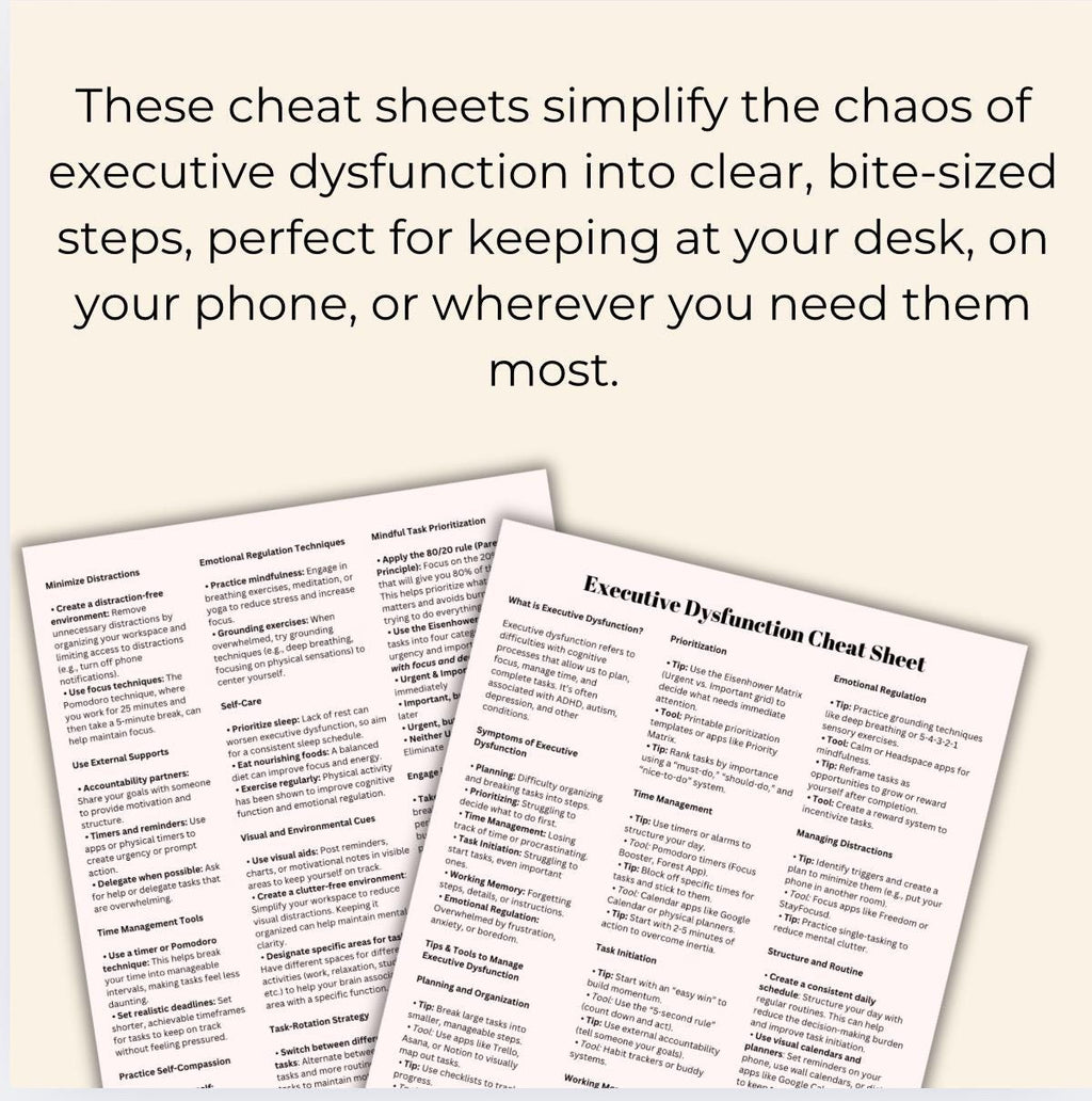 Executive Function Dysfunction Cheat Sheet Regulate Thoughts & Behaviors ADHD Tool