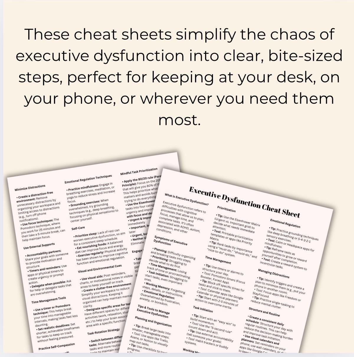 Executive Function Dysfunction Cheat Sheet Regulate Thoughts & Behaviors ADHD Tool