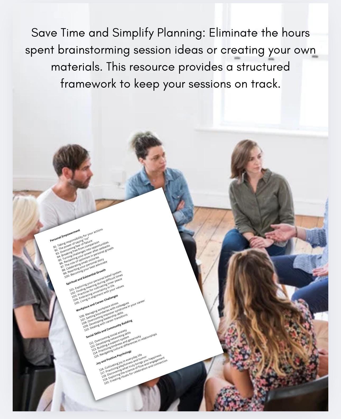 Adult Group Therapy Topics: Session Planning, Emotional Support (PDF)