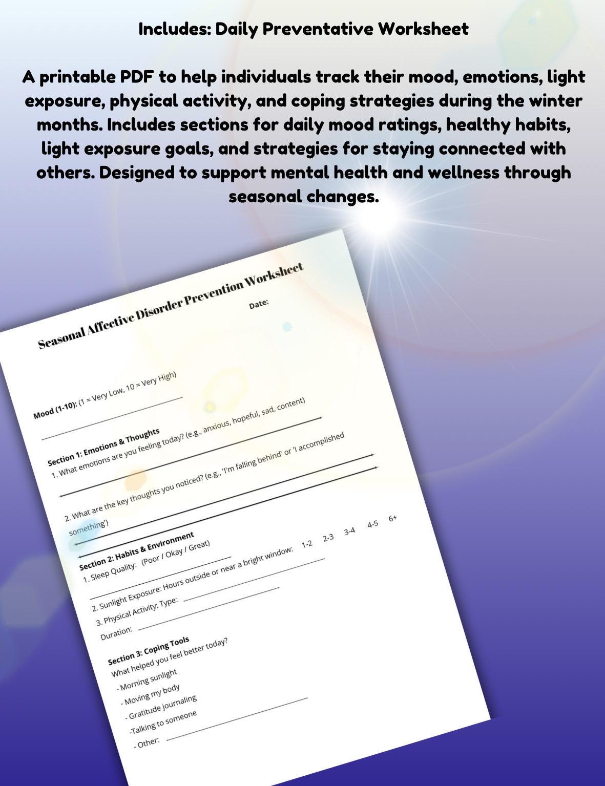 SAD Management Worksheet: Winter Blues Mood Tracker (Digital Download)