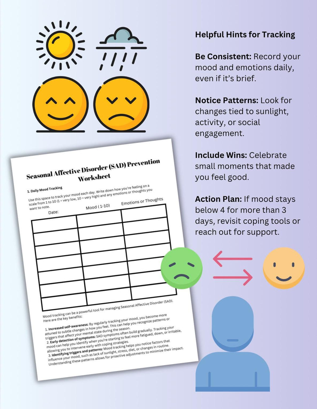 SAD Management Worksheet: Winter Blues Mood Tracker (Digital Download)