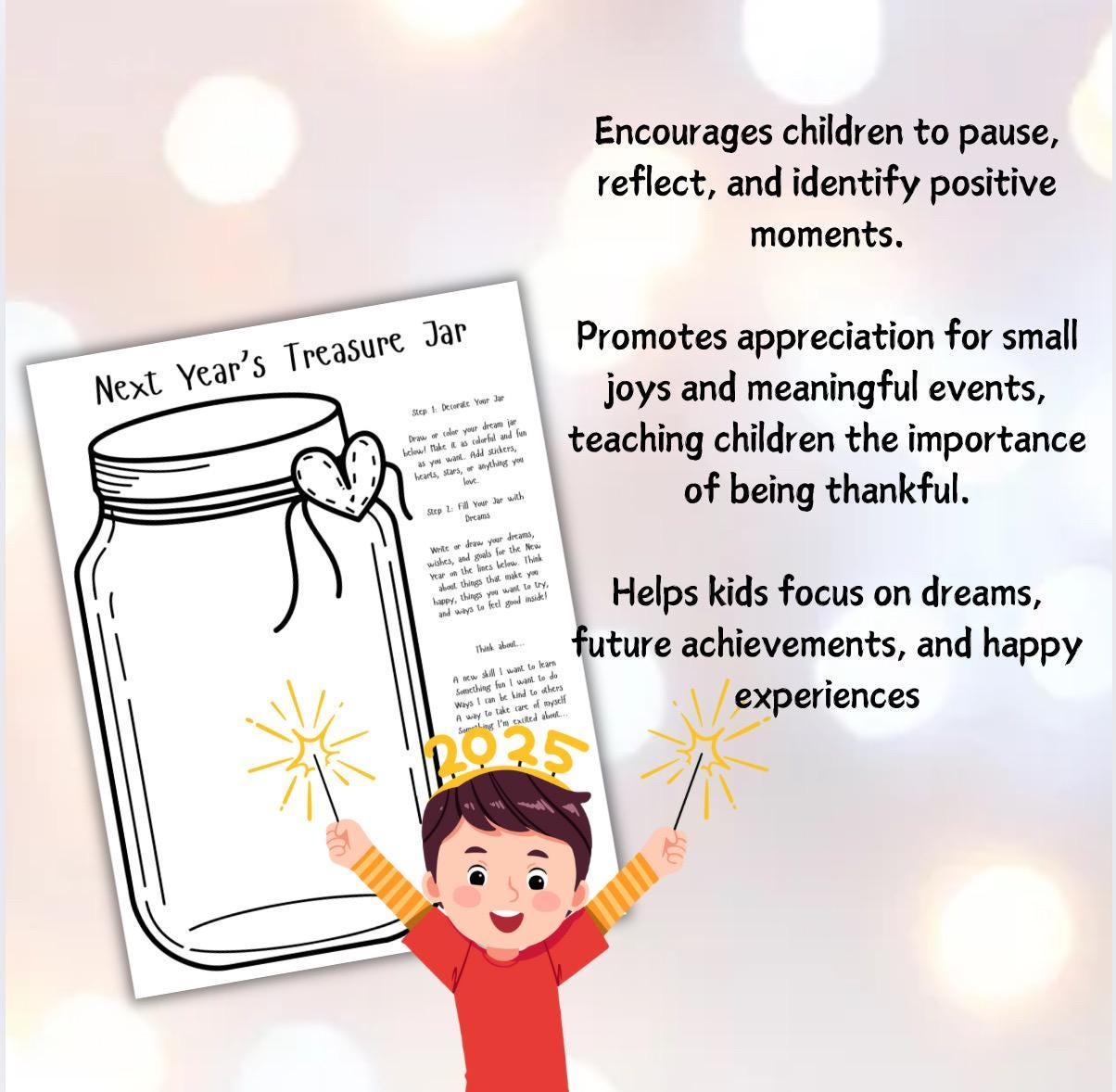 Kids New Year Intentions Worksheet: Treasure Jar Activity (PDF) Children’s 2026 NYE game