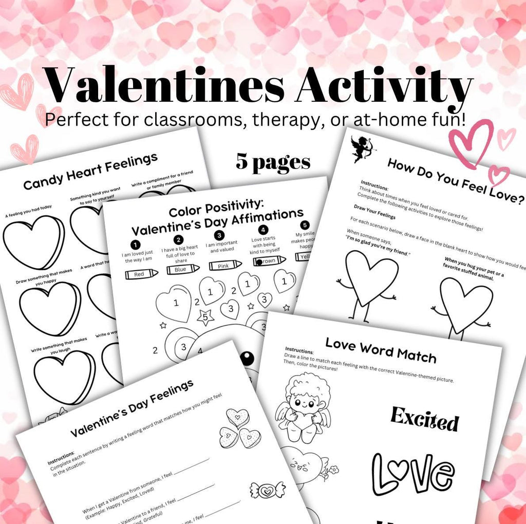 Children’s Valentines Day Theme  Bundle Emotional Learning Therapy Tool Kids Valentine Activity Coloring Pages