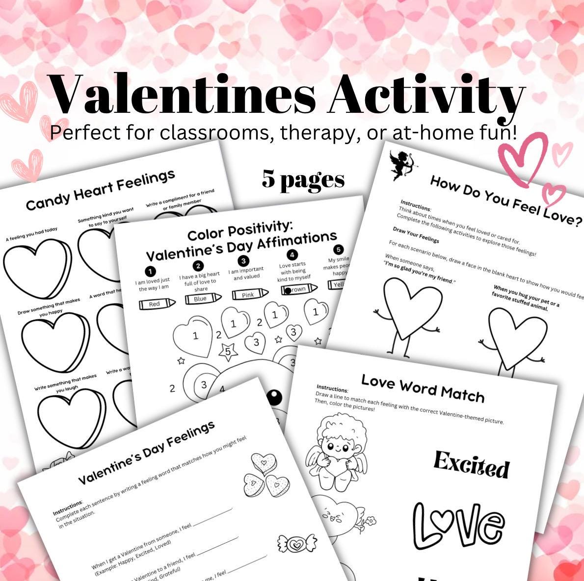 Children’s Valentines Day Theme  Bundle Emotional Learning Therapy Tool Kids Valentine Activity Coloring Pages