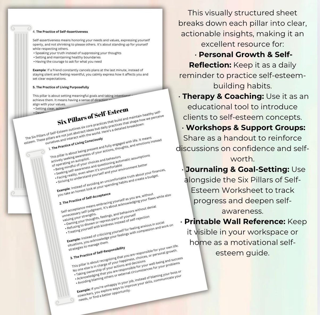Six Pillars of Self-Esteem Bundle Guided Worksheet Info Sheet for Confidence & Growth